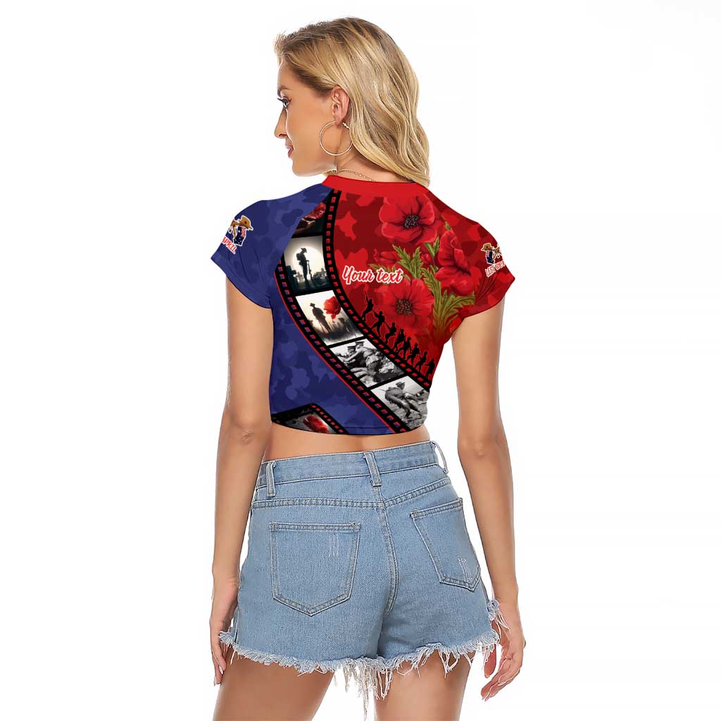 Personalised ANZAC Spirit 1915-2026 Filmstrip Tribute Raglan Cropped T Shirt Lest We Forget 25 April