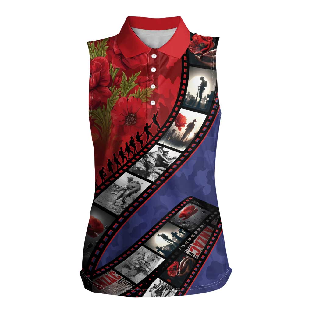 Personalised ANZAC Spirit 1915-2026 Filmstrip Tribute Women Sleeveless Polo Shirt Lest We Forget 25 April