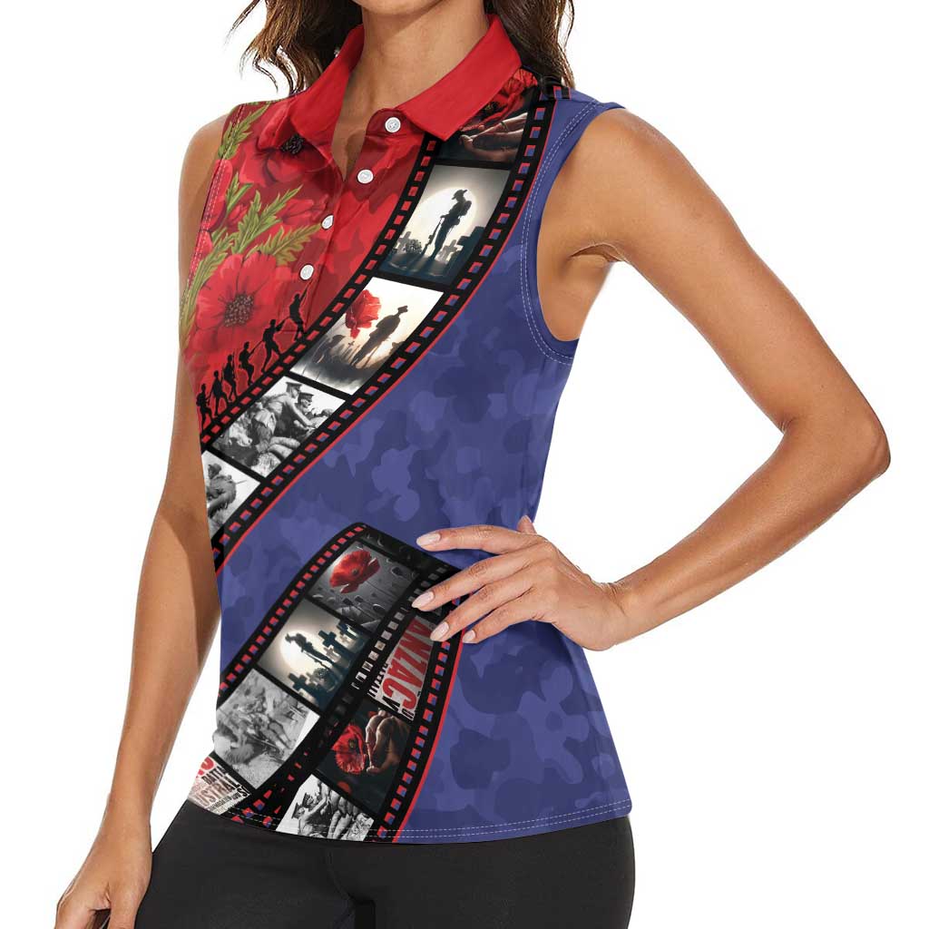 Personalised ANZAC Spirit 1915-2026 Filmstrip Tribute Women Sleeveless Polo Shirt Lest We Forget 25 April