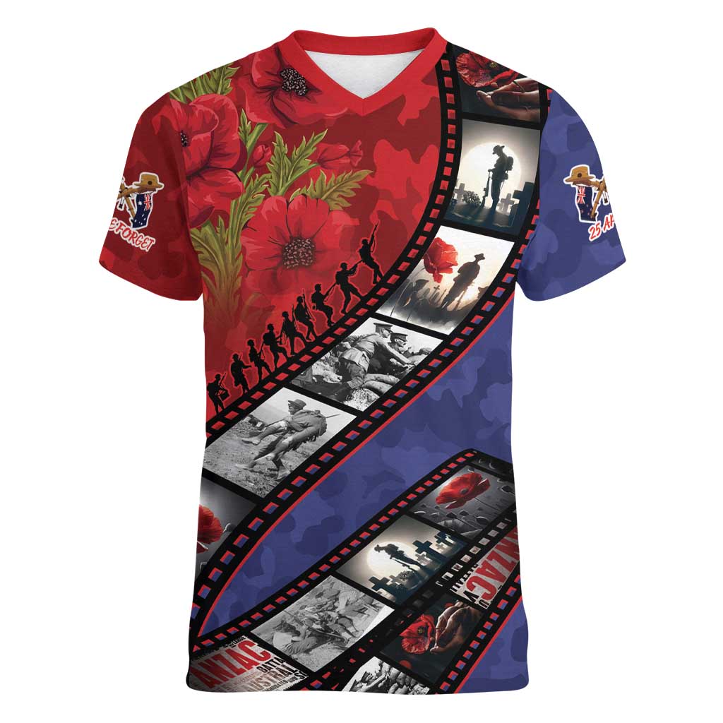 Personalised ANZAC Spirit 1915-2026 Filmstrip Tribute Women V-Neck T-Shirt Lest We Forget 25 April