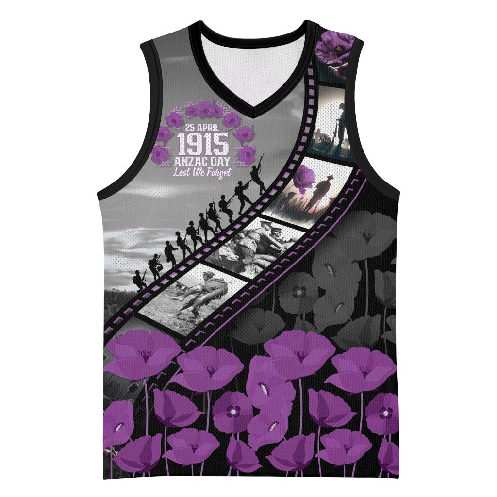 Personalised Remembering ANZAC Lest We Forget Basketball Jersey Vintage Film Frame Memorial Purple Poppy