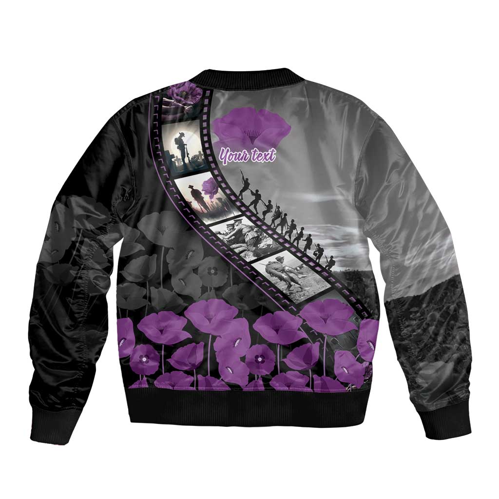 Personalised Remembering ANZAC Lest We Forget Bomber Jacket Vintage Film Frame Memorial Purple Poppy
