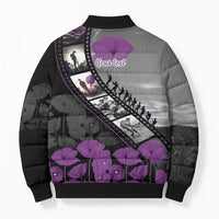 Personalised Remembering ANZAC Lest We Forget Bomber Puffer Jacket Vintage Film Frame Memorial Purple Poppy
