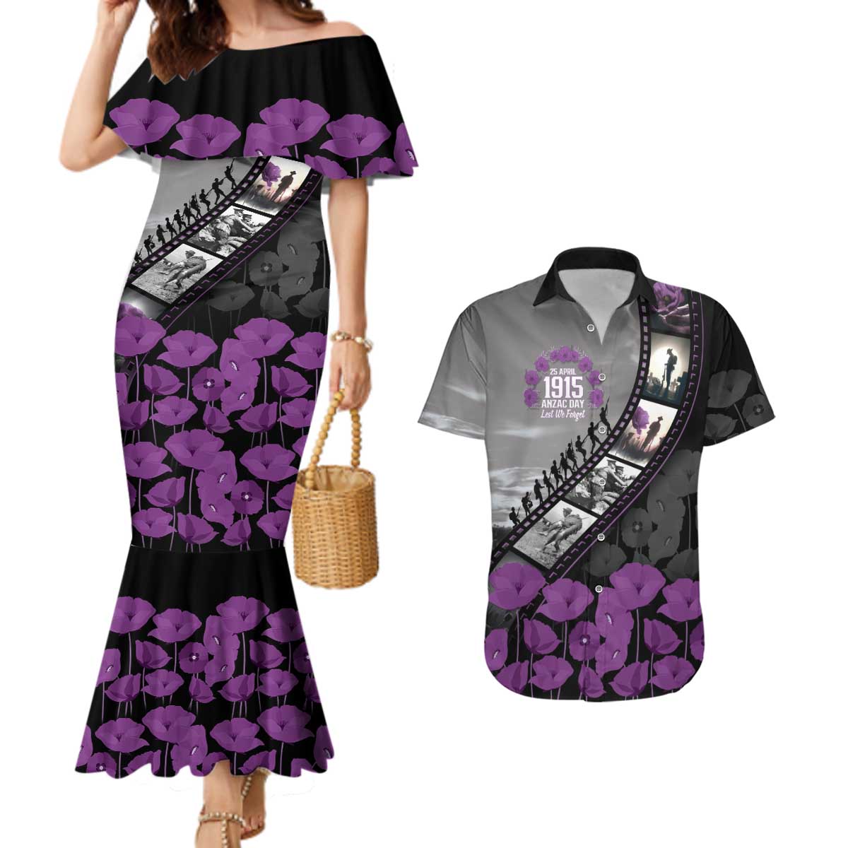 Personalised Remembering ANZAC Lest We Forget Couples Matching Mermaid Dress and Hawaiian Shirt Vintage Film Frame Memorial Purple Poppy