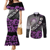 Personalised Remembering ANZAC Lest We Forget Couples Matching Mermaid Dress and Long Sleeve Button Shirt Vintage Film Frame Memorial Purple Poppy