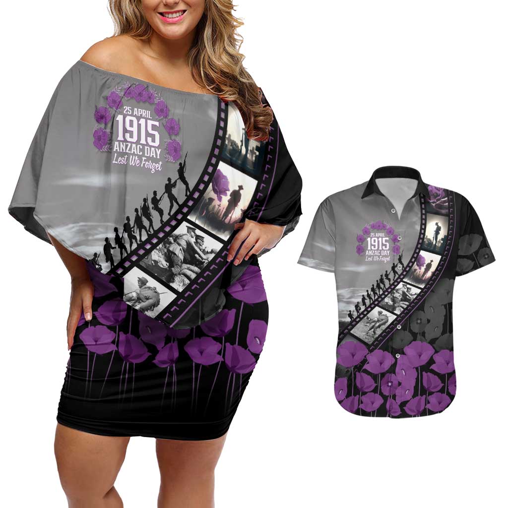 Personalised Remembering ANZAC Lest We Forget Couples Matching Off Shoulder Short Dress and Hawaiian Shirt Vintage Film Frame Memorial Purple Poppy