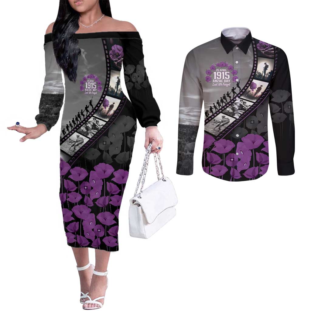 Personalised Remembering ANZAC Lest We Forget Couples Matching Off The Shoulder Long Sleeve Dress and Long Sleeve Button Shirt Vintage Film Frame Memorial Purple Poppy