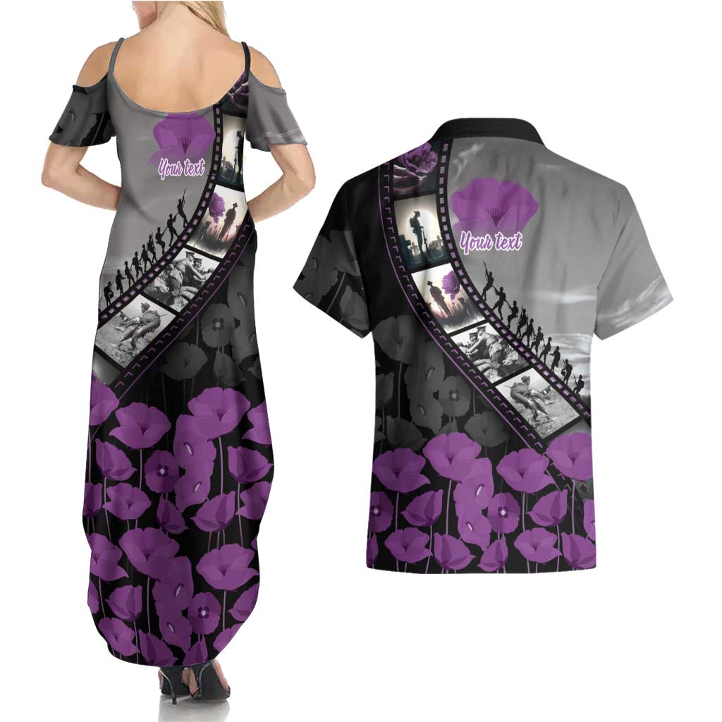 Personalised Remembering ANZAC Lest We Forget Couples Matching Summer Maxi Dress and Hawaiian Shirt Vintage Film Frame Memorial Purple Poppy