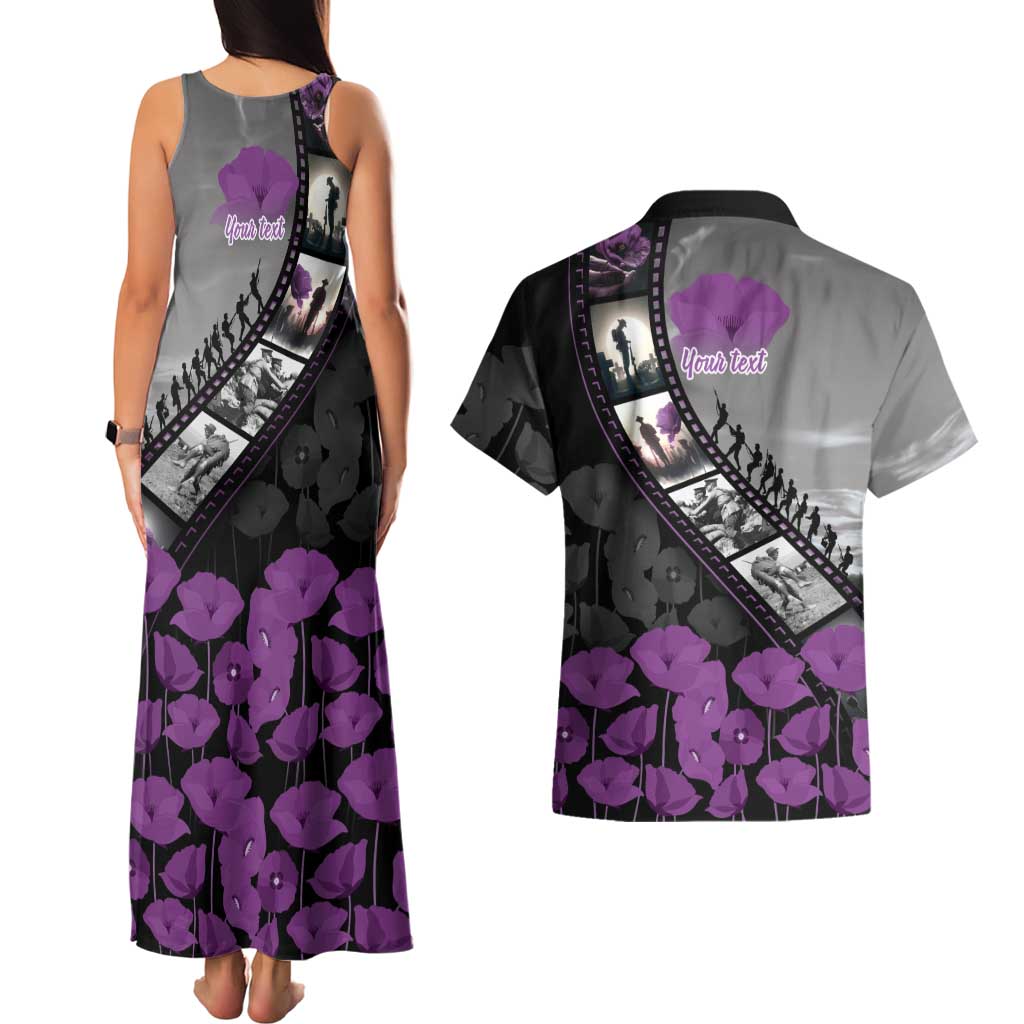 Personalised Remembering ANZAC Lest We Forget Couples Matching Tank Maxi Dress and Hawaiian Shirt Vintage Film Frame Memorial Purple Poppy