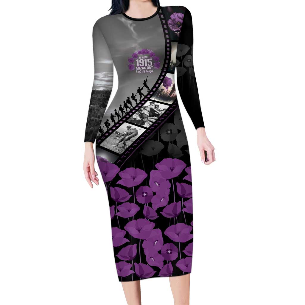 Personalised Remembering ANZAC Lest We Forget Family Matching Long Sleeve Bodycon Dress and Hawaiian Shirt Vintage Film Frame Memorial Purple Poppy