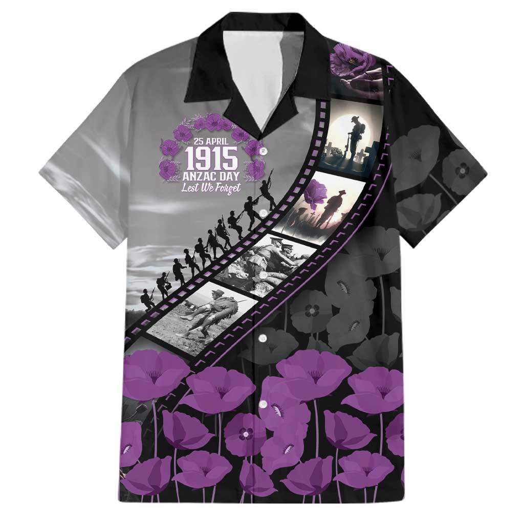 Personalised Remembering ANZAC Lest We Forget Family Matching Off Shoulder Maxi Dress and Hawaiian Shirt Vintage Film Frame Memorial Purple Poppy