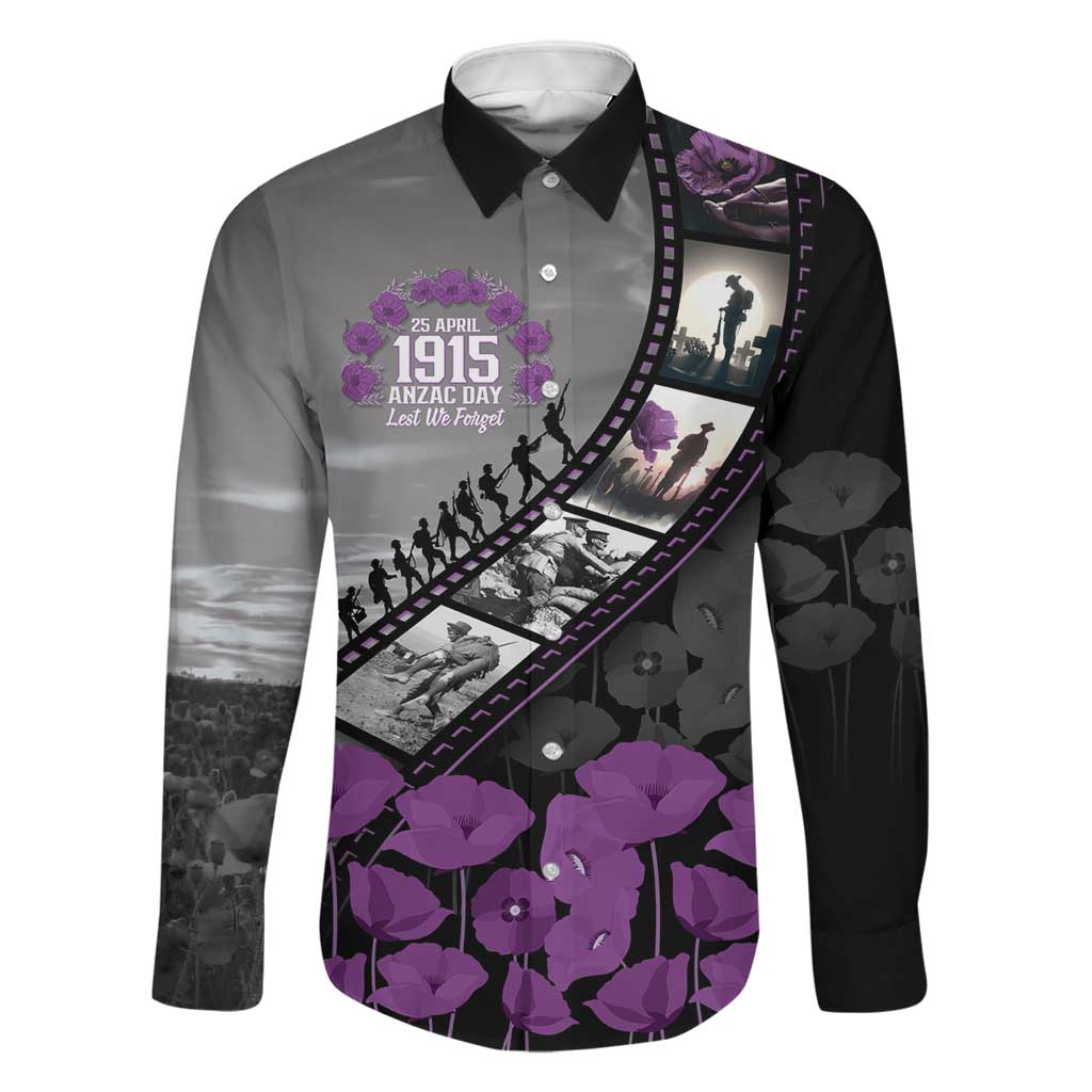 Personalised Remembering ANZAC Lest We Forget Family Matching Off Shoulder Maxi Dress and Hawaiian Shirt Vintage Film Frame Memorial Purple Poppy