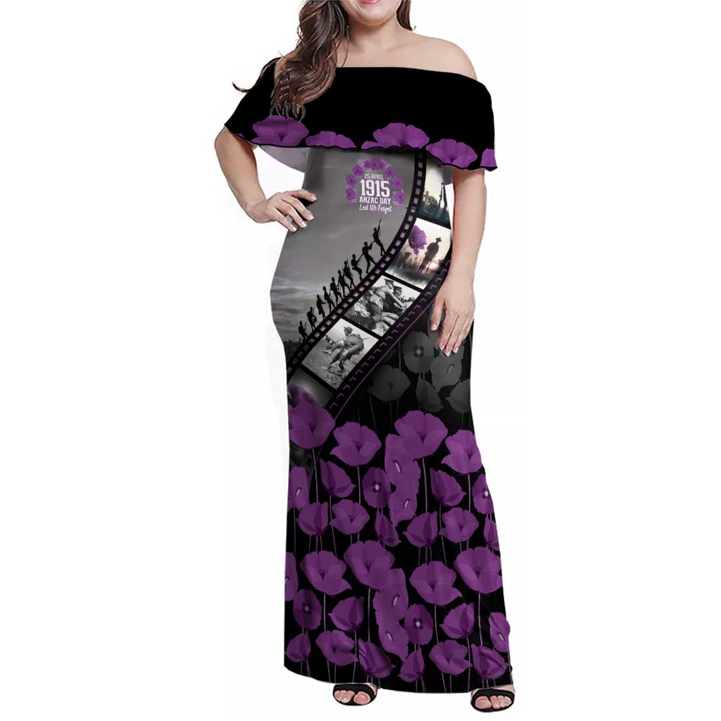 Personalised Remembering ANZAC Lest We Forget Family Matching Off Shoulder Maxi Dress and Hawaiian Shirt Vintage Film Frame Memorial Purple Poppy