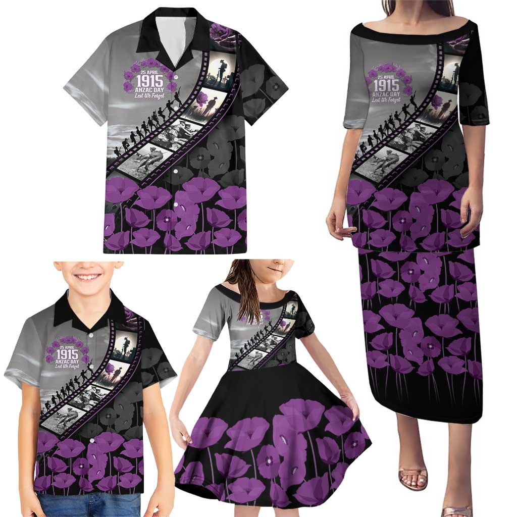 Personalised Remembering ANZAC Lest We Forget Family Matching Puletasi and Hawaiian Shirt Vintage Film Frame Memorial Purple Poppy