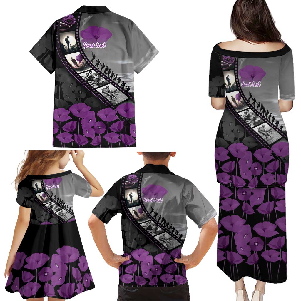 Personalised Remembering ANZAC Lest We Forget Family Matching Puletasi and Hawaiian Shirt Vintage Film Frame Memorial Purple Poppy