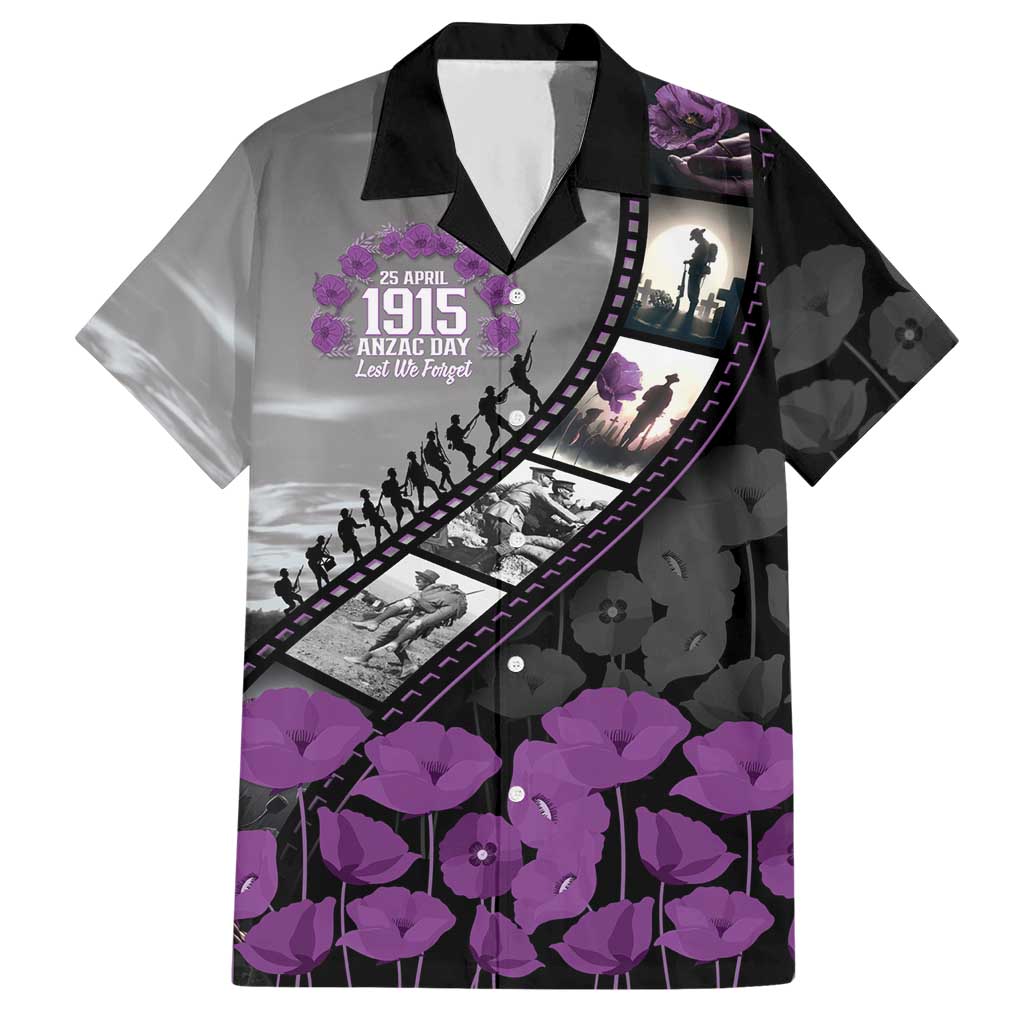Personalised Remembering ANZAC Lest We Forget Hawaiian Shirt Vintage Film Frame Memorial Purple Poppy LT9 Purple - Polynesian Pride