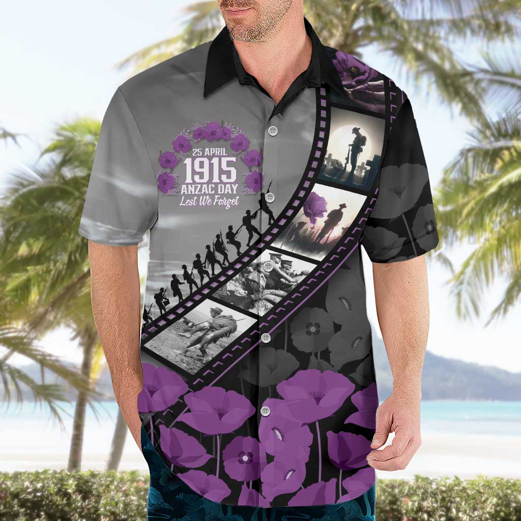 Personalised Remembering ANZAC Lest We Forget Hawaiian Shirt Vintage Film Frame Memorial Purple Poppy LT9 - Polynesian Pride