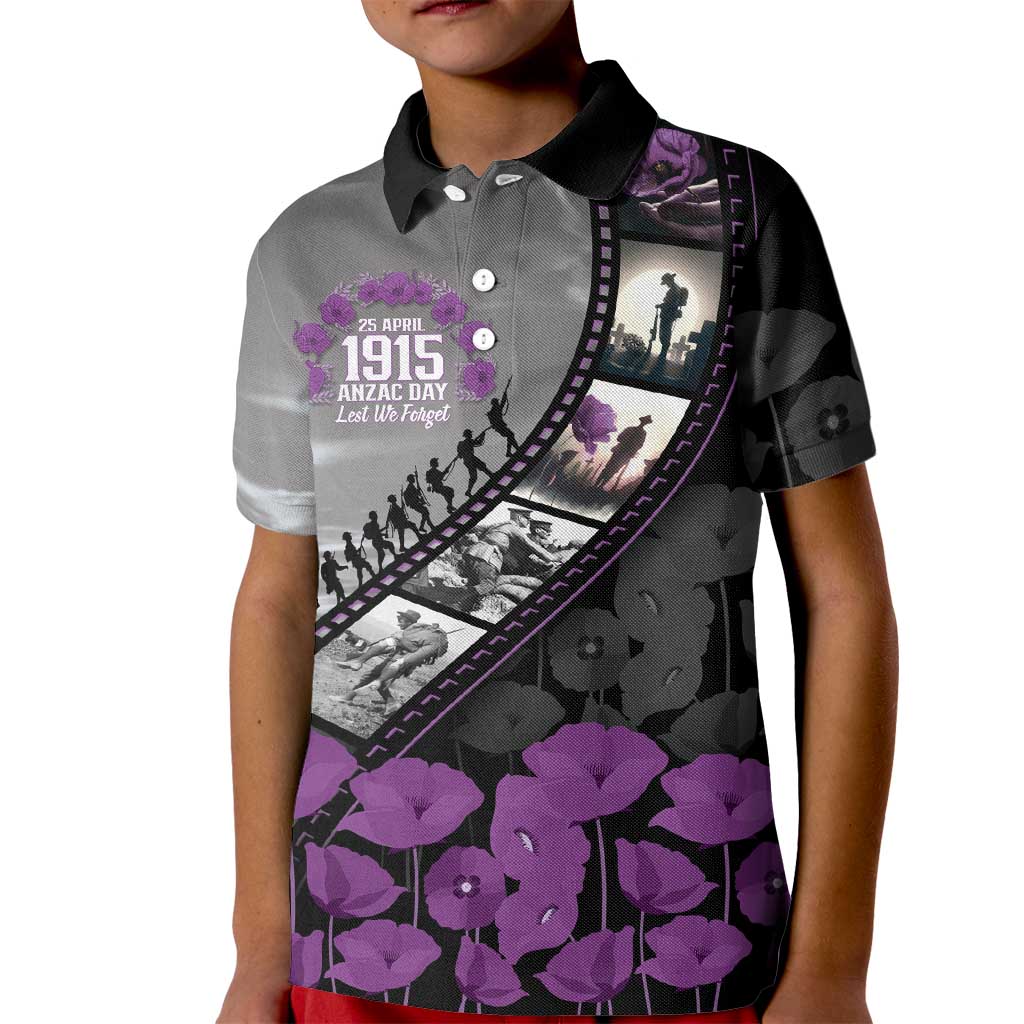 Personalised Remembering ANZAC Lest We Forget Kid Polo Shirt Vintage Film Frame Memorial Purple Poppy LT9 Kid Purple - Polynesian Pride