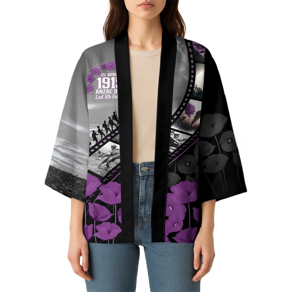 Personalised Remembering ANZAC Lest We Forget Kimono Vintage Film Frame Memorial Purple Poppy