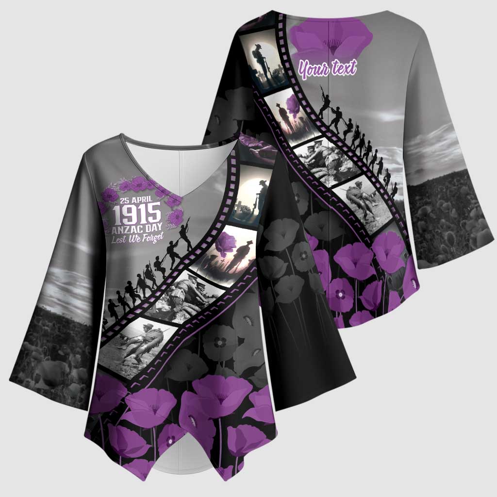 Personalised Remembering ANZAC Lest We Forget Kimono Sleeve Blouse Vintage Film Frame Memorial Purple Poppy