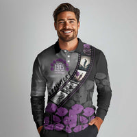 Personalised Remembering ANZAC Lest We Forget Long Sleeve Polo Shirt Vintage Film Frame Memorial Purple Poppy