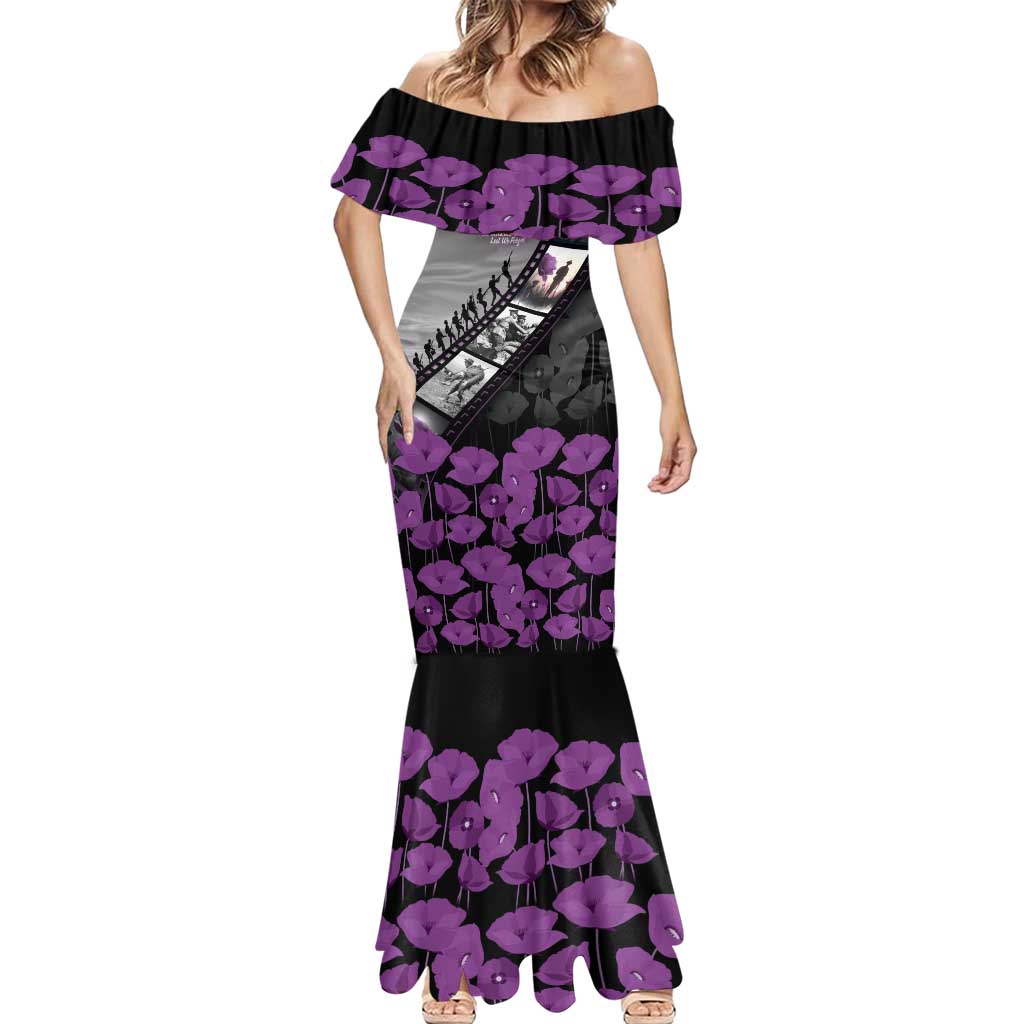 Personalised Remembering ANZAC Lest We Forget Mermaid Dress Vintage Film Frame Memorial Purple Poppy