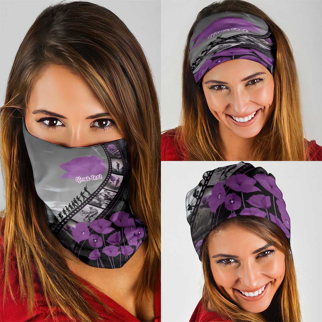 Personalised Remembering ANZAC Lest We Forget Neck Gaiter Vintage Film Frame Memorial Purple Poppy