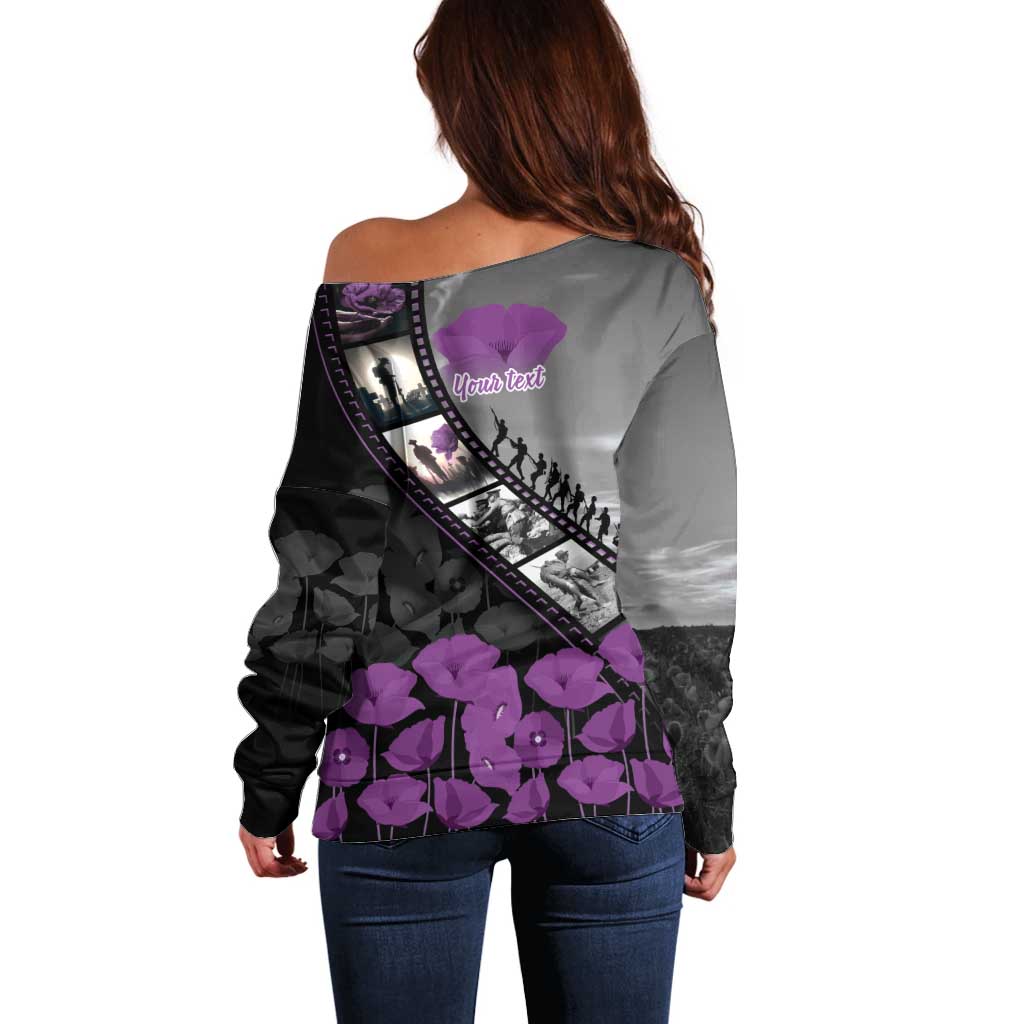 Personalised Remembering ANZAC Lest We Forget Off Shoulder Sweater Vintage Film Frame Memorial Purple Poppy