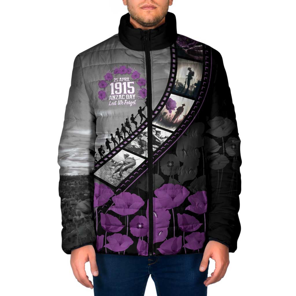 Personalised Remembering ANZAC Lest We Forget Padded Jacket Vintage Film Frame Memorial Purple Poppy