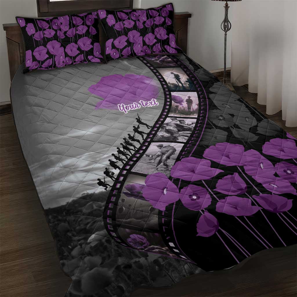 Personalised Remembering ANZAC Lest We Forget Quilt Bed Set Vintage Film Frame Memorial Purple Poppy
