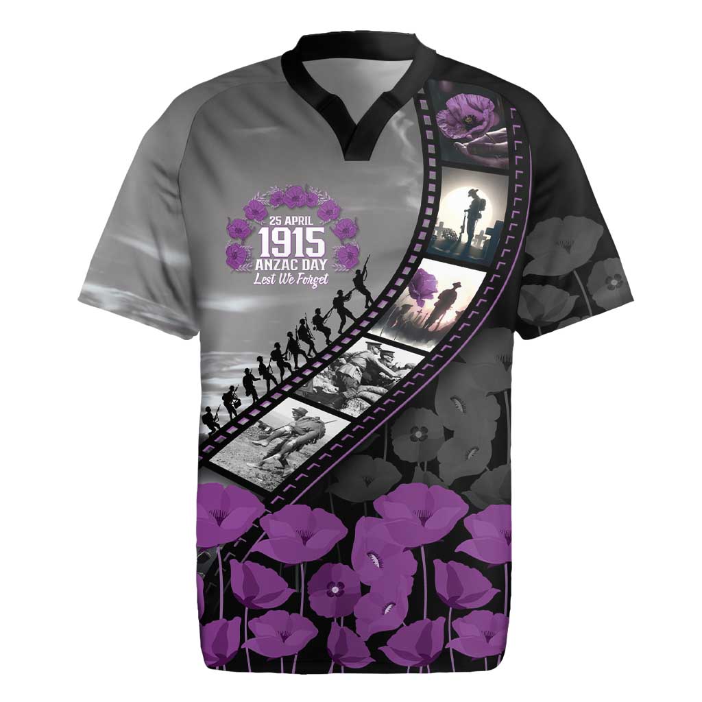 Personalised Remembering ANZAC Lest We Forget Rugby Jersey Vintage Film Frame Memorial Purple Poppy LT9 Purple - Polynesian Pride