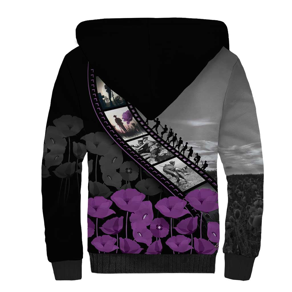 Personalised Remembering ANZAC Lest We Forget Sherpa Hoodie Vintage Film Frame Memorial Purple Poppy