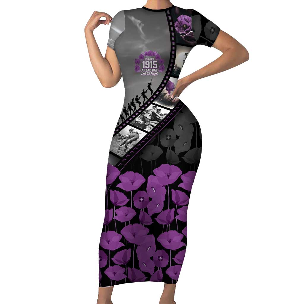 Personalised Remembering ANZAC Lest We Forget Short Sleeve Bodycon Dress Vintage Film Frame Memorial Purple Poppy
