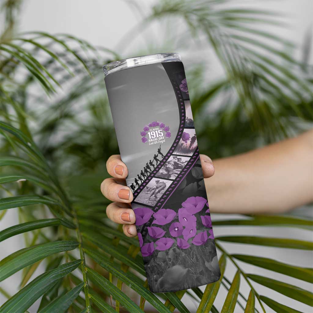 Personalised Remembering ANZAC Lest We Forget Skinny Tumbler Vintage Film Frame Memorial Purple Poppy