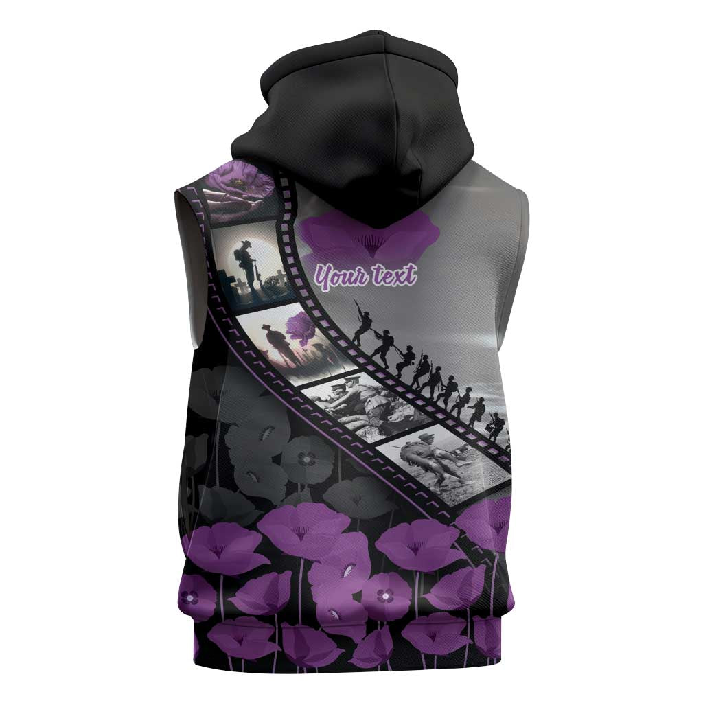 Personalised Remembering ANZAC Lest We Forget Sleeveless Hoodie Vintage Film Frame Memorial Purple Poppy