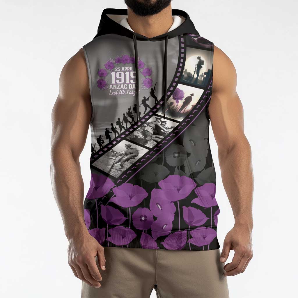 Personalised Remembering ANZAC Lest We Forget Sleeveless Hoodie Vintage Film Frame Memorial Purple Poppy
