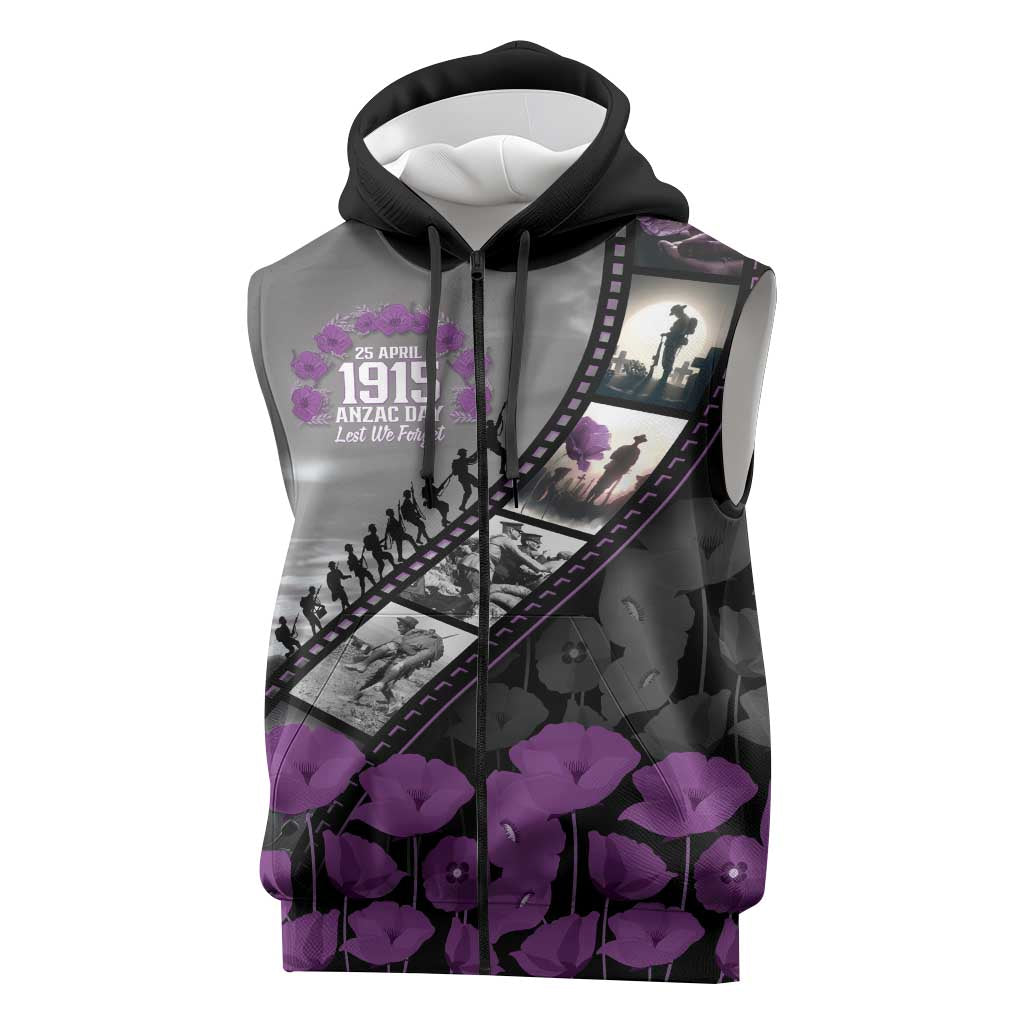 Personalised Remembering ANZAC Lest We Forget Sleeveless Zip Hoodie Vintage Film Frame Memorial Purple Poppy