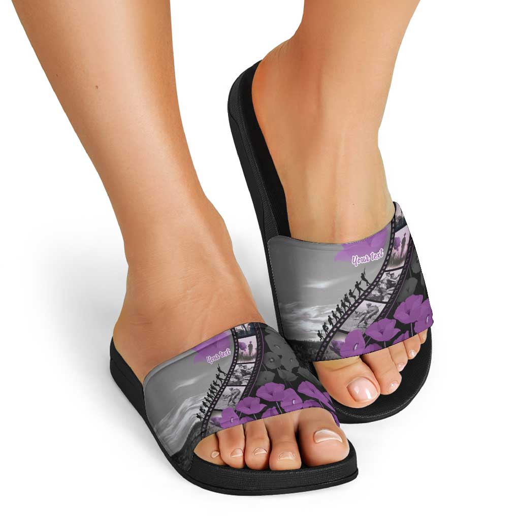 Personalised Remembering ANZAC Lest We Forget Slide Sandals Vintage Film Frame Memorial Purple Poppy