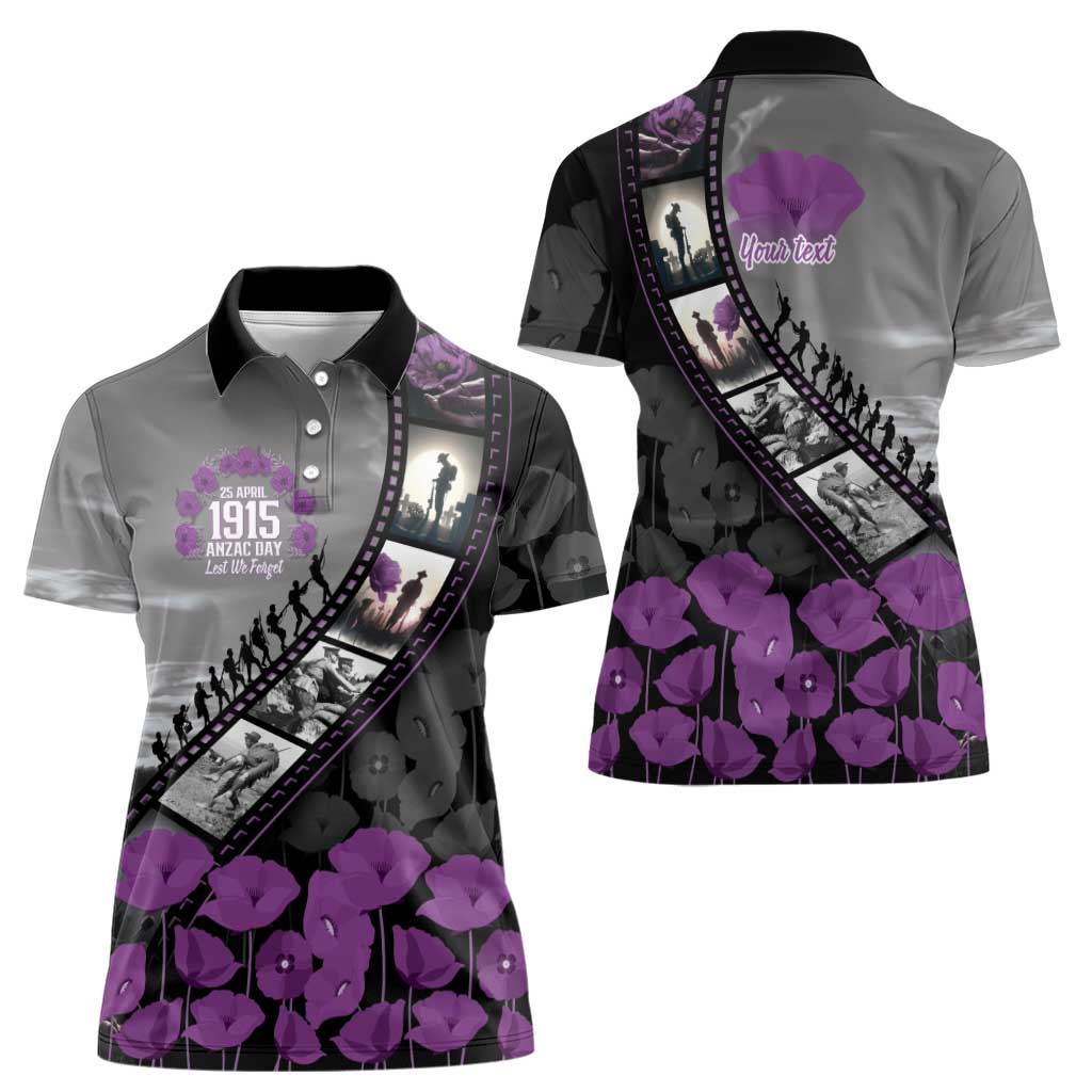 Personalised Remembering ANZAC Lest We Forget Women Polo Shirt Vintage Film Frame Memorial Purple Poppy