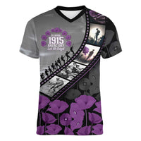 Personalised Remembering ANZAC Lest We Forget Women V-Neck T-Shirt Vintage Film Frame Memorial Purple Poppy
