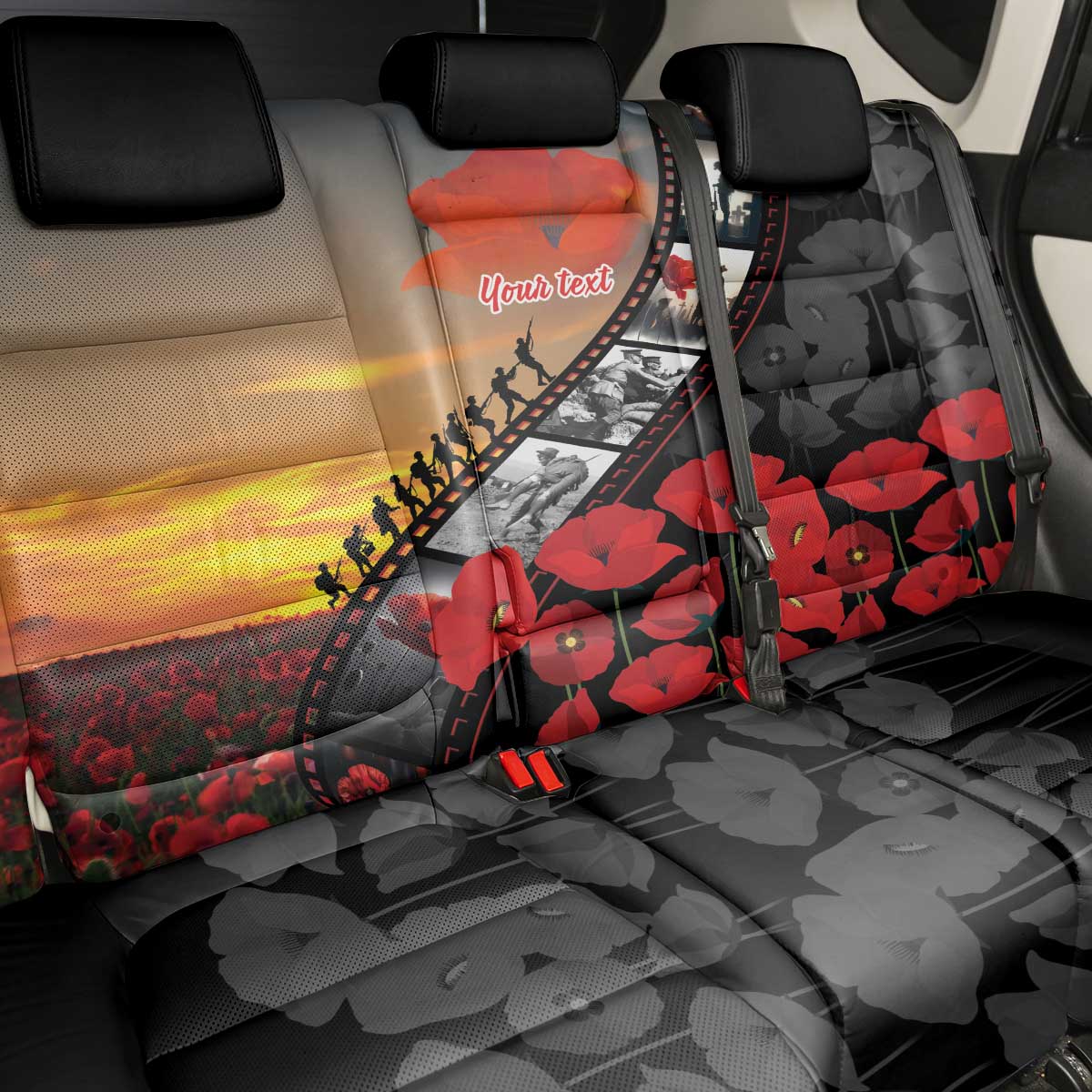 Personalised Remembering ANZAC Lest We Forget Back Car Seat Cover Vintage Film Frame Memorial Red Poppy