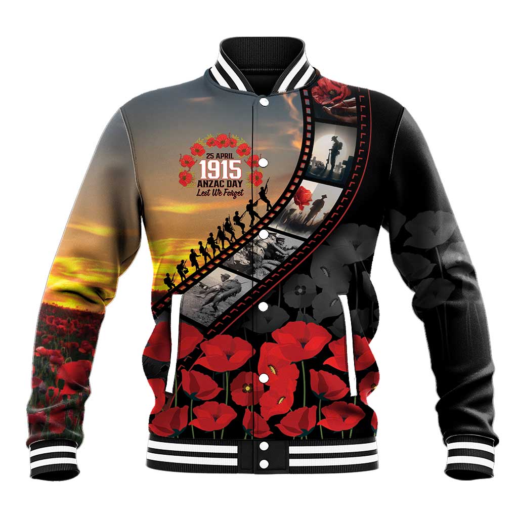 Personalised Remembering ANZAC Lest We Forget Baseball Jacket Vintage Film Frame Memorial Red Poppy