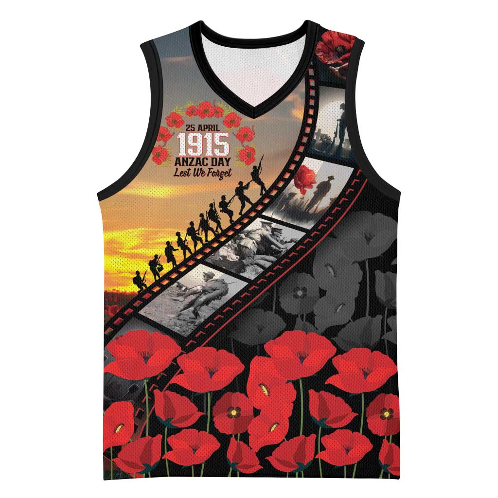 Personalised Remembering ANZAC Lest We Forget Basketball Jersey Vintage Film Frame Memorial Red Poppy
