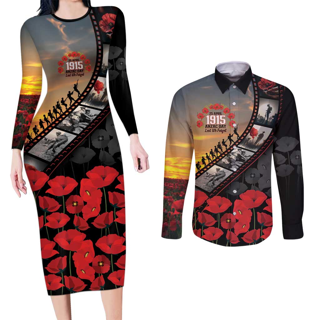Personalised Remembering ANZAC Lest We Forget Couples Matching Long Sleeve Bodycon Dress and Long Sleeve Button Shirt Vintage Film Frame Memorial Red Poppy