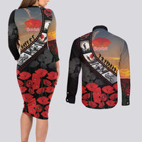 Personalised Remembering ANZAC Lest We Forget Couples Matching Long Sleeve Bodycon Dress and Long Sleeve Button Shirt Vintage Film Frame Memorial Red Poppy