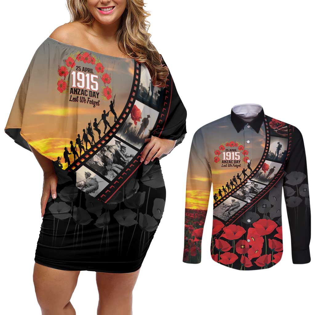 Personalised Remembering ANZAC Lest We Forget Couples Matching Off Shoulder Short Dress and Long Sleeve Button Shirt Vintage Film Frame Memorial Red Poppy
