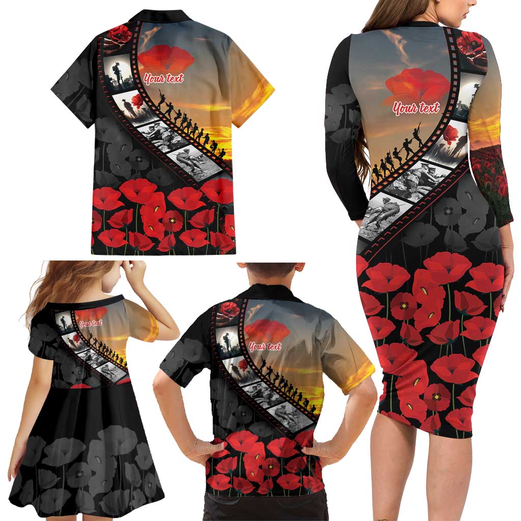 Personalised Remembering ANZAC Lest We Forget Family Matching Long Sleeve Bodycon Dress and Hawaiian Shirt Vintage Film Frame Memorial Red Poppy