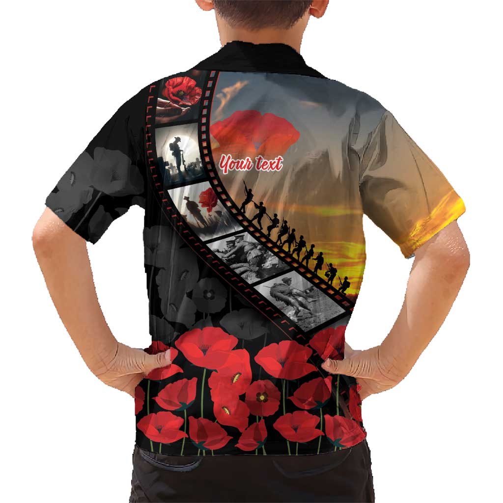 Personalised Remembering ANZAC Lest We Forget Family Matching Off The Shoulder Long Sleeve Dress and Hawaiian Shirt Vintage Film Frame Memorial Red Poppy
