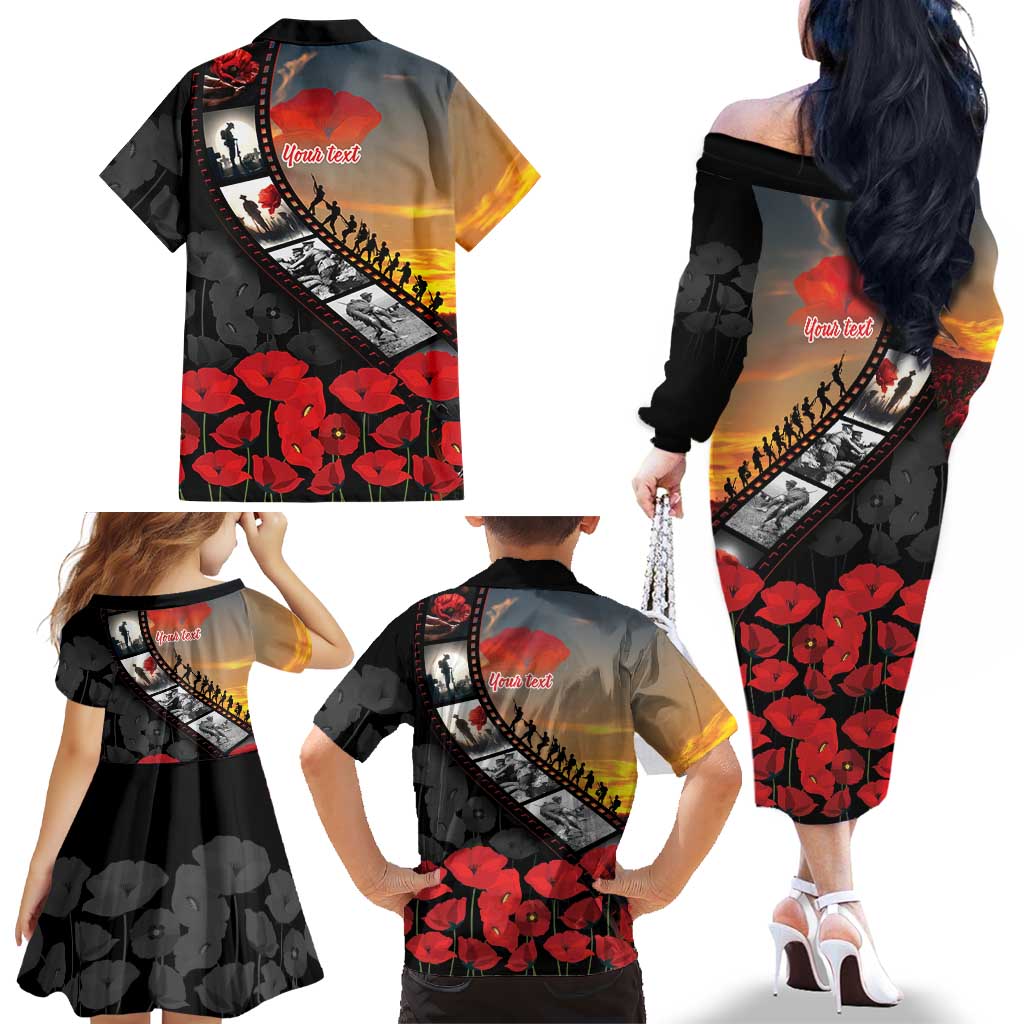 Personalised Remembering ANZAC Lest We Forget Family Matching Off The Shoulder Long Sleeve Dress and Hawaiian Shirt Vintage Film Frame Memorial Red Poppy