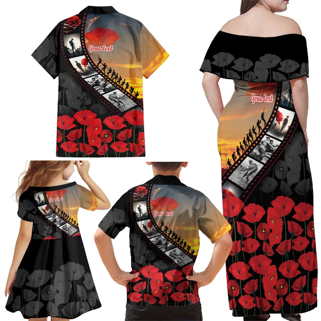 Personalised Remembering ANZAC Lest We Forget Family Matching Off Shoulder Maxi Dress and Hawaiian Shirt Vintage Film Frame Memorial Red Poppy